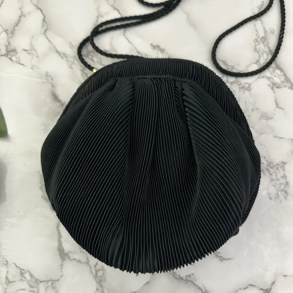 Vanessa Vintage 90s Evening Bag Clutch Purse Black Pleated Small Cord Strap